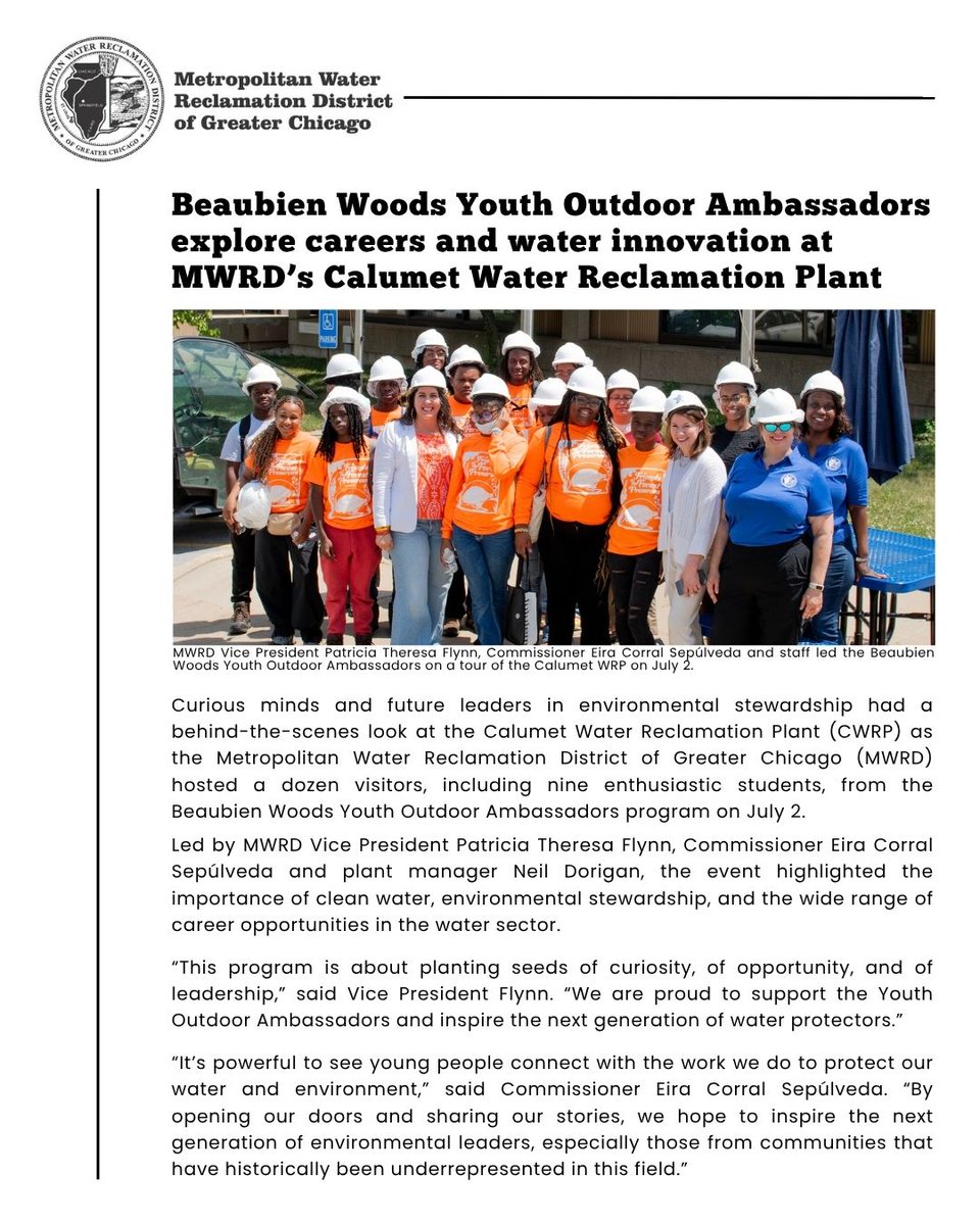 MWRDGC's tweet image. Curious minds and future leaders from @fpdcc Beaubien Woods Youth Outdoor Ambassadors program had a behind-the-scenes look at the Calumet Water Reclamation Plant (CWRP) on July 2.
mwrd.org/news/beaubien-…
#MWRD #CookCounty #Chicago #Roseland #community #education #STEM #careers