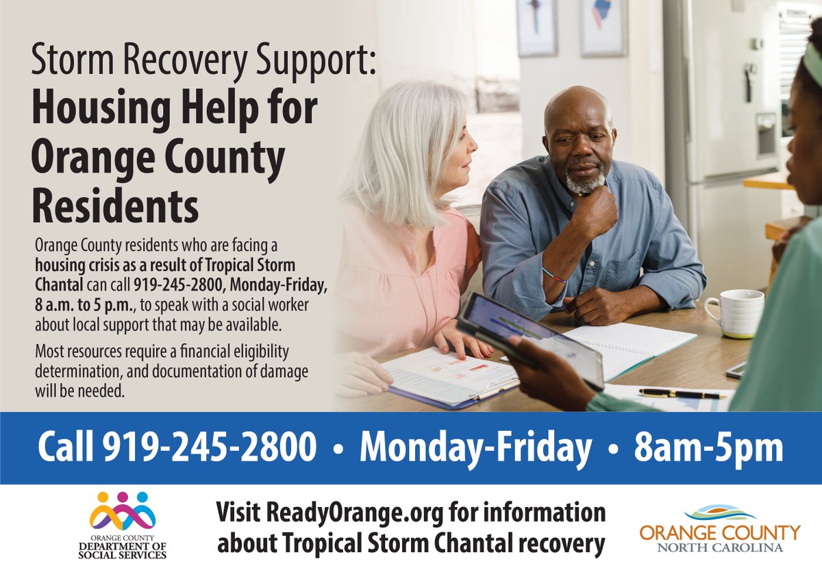 OCNCGOV's tweet image. Orange County residents who are facing a housing crisis as the result of Tropical Storm Chantal can call 919-245-2800, Monday-Friday, 8 a.m. to 5 p.m., to speak with a social worker about local support that may be available.