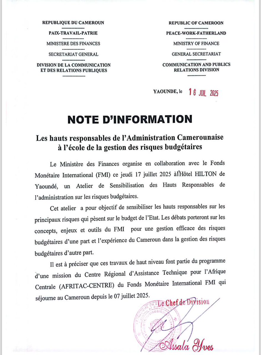 minfi_cameroun's tweet image. 🔴🔴🔴 Le Ministère des Finances (#MINFI) organise en collaboration avec le Fonds Monétaire International (#FMI) ce jeudi 17 juillet 2025 à l’Hôtel Hilton de
#Yaoundé, un Atelier de Sensibilisation des Hauts Responsables de l'administration sur les risques #budgétaires.