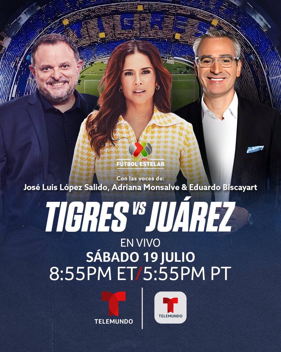 Telemundo Deportes (@telemundosports) on Twitter photo HOY Sábado 🌋 ¡se enciende El Volcán! para el arranque del AP2025 en casa
⚽️ Tigres UANL 🐯 vs. FC Juárez 🐎
🎙️ <a href="/AdrianaMonsalve/">Adriana Monsalve</a>, <a href="/jllopezsalido/">📸 @JoseLuisLopezSalido</a> y <a href="/DonBisca/">Eduardo Biscayart</a>
⏰ 8:55pm ET / 5:55pm PT
📺 <a href="/Telemundo/">Telemundo</a>
📱 Telemundo APP ➡️ tlmdo.co/44Soq53
#LigaMXTelemundo #TigresUANL #FCJuárez HOY Sábado 🌋 ¡se enciende El Volcán! para el arranque del AP2025 en casa
⚽️ Tigres UANL 🐯 vs. FC Juárez 🐎
🎙️ <a href="/AdrianaMonsalve/">Adriana Monsalve</a>, <a href="/jllopezsalido/">📸 @JoseLuisLopezSalido</a> y <a href="/DonBisca/">Eduardo Biscayart</a>
⏰ 8:55pm ET / 5:55pm PT
📺 <a href="/Telemundo/">Telemundo</a>
📱 Telemundo APP ➡️ tlmdo.co/44Soq53
#LigaMXTelemundo #TigresUANL #FCJuárez
