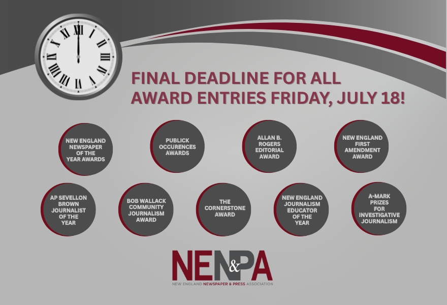 NENPA's tweet image. The clock is ticking; the final New England Newspaper Awards deadline is this Friday! This is your last chance to enter before judging begins. Don’t miss the opportunity to have your work recognized at the 2025 Fall Leadership Conference in Northampton. nenpa.com/the-clock-is-t….