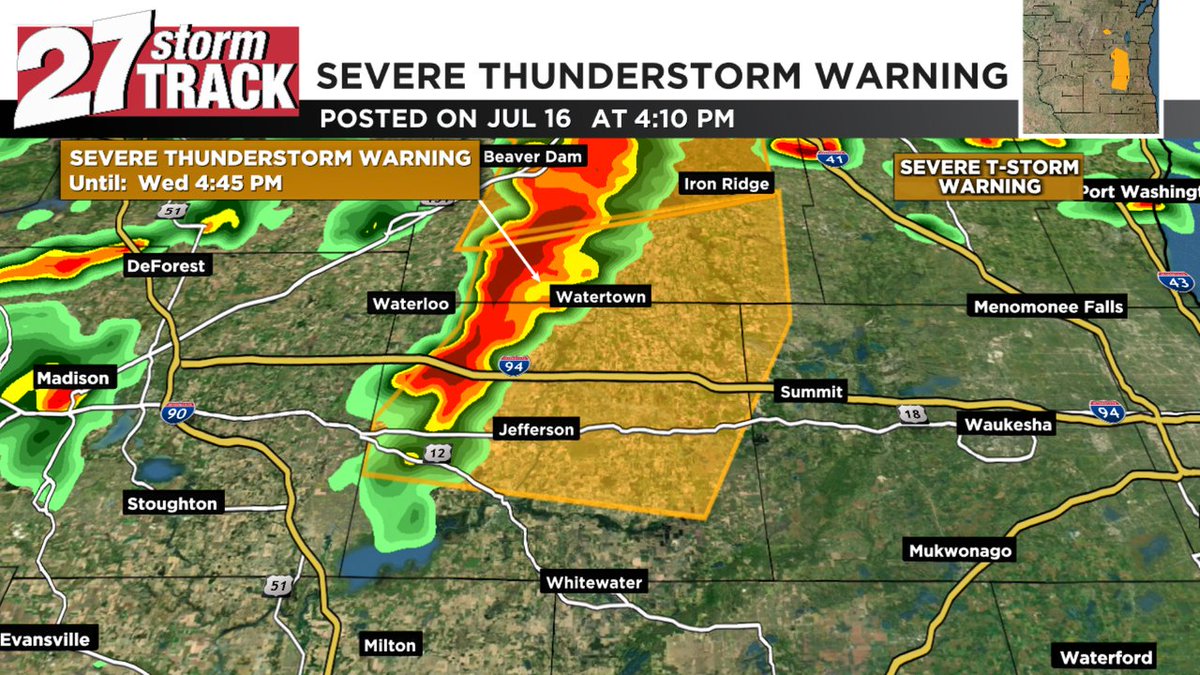 27StormTrack's tweet image. A severe t-storm warning is in effect until Jul 16 4:45PM for Jefferson, Dodge, Waukesha Co. Stay indoors! Watch WKOW for the latest info #wiwx