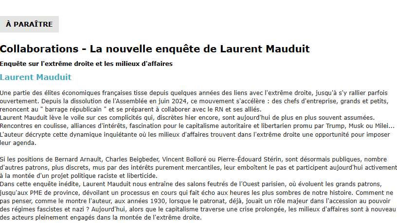 [🔖A paraître le 11/09/2025 #socioelites] "Collaborations. Enquête sur l'extrême droite et les milieux d'affaires" par Laurent Mauduit <a href="/Ed_LaDecouverte/">Éditions La Découverte</a>