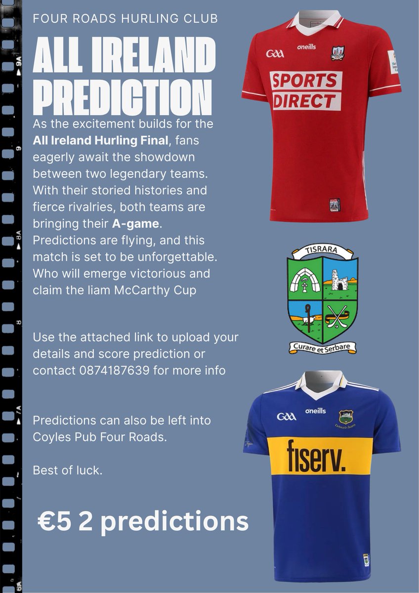 Predict the score in the 2025 All Ireland Hurling final between <a href="/OfficialCorkGAA/">Cork GAA</a> Gaa &amp; <a href="/TipperaryGAA/">Tipperary GAA</a> 

Cash prize for the correct score or the nearest score at full time.

#rosgaa 

buy.stripe.com/dRmdR8gWV5JX7M…