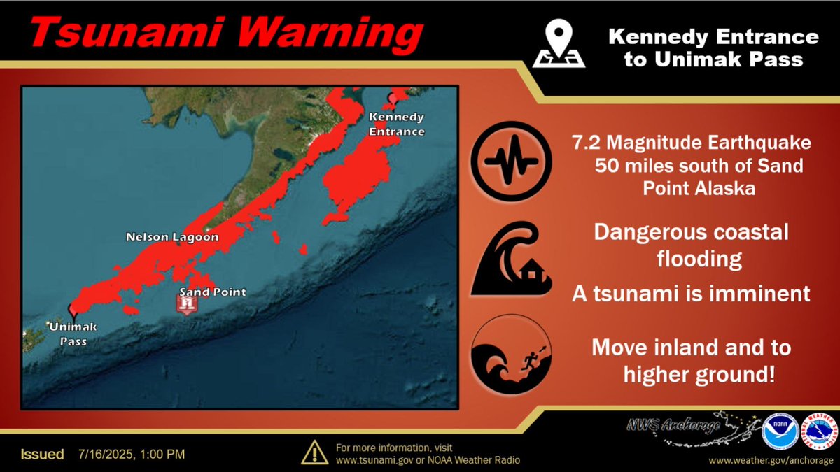 NWSAnchorage's tweet image. A Tsunami Warning has been issued for the Alaska Peninsula areas from the Kennedy Entrance to Unimak Pass. Cities included are Cold Bay, Sand Point, and Kodiak. We can say with reasonable confidence that the Kenai Peninsula Borough locations will not see impacts.