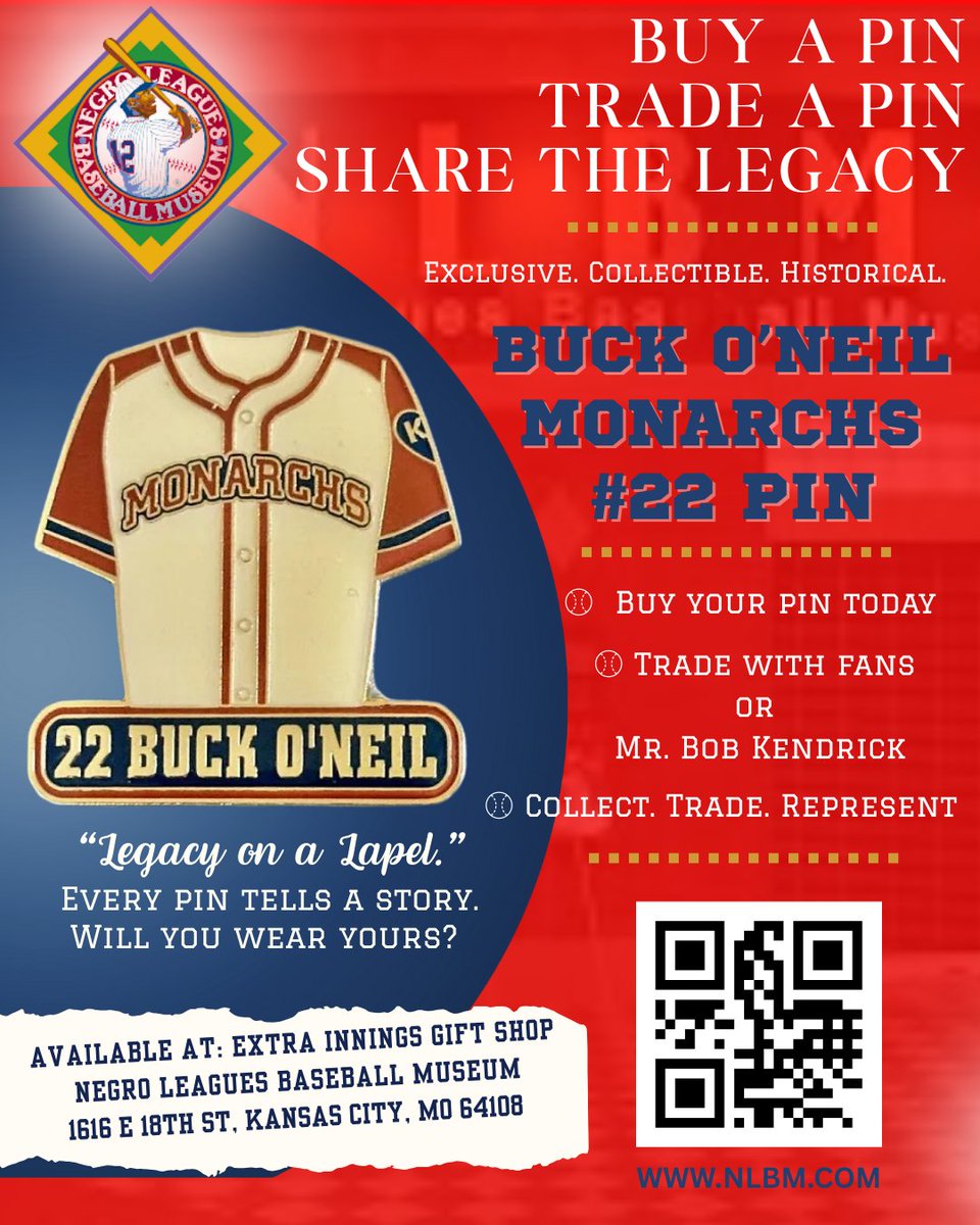 NLBMuseumKC's tweet image. ⚾ NEW DROP at Extra Innings Gift Shop! ⚾
Celebrate baseball history in style with our limited edition Buck O’Neil #22 Kansas City Monarchs Jersey Pin — now available at the Negro Leagues Baseball Museum!
🔥 Whether you're a pin collector, baseball fan, or history lover — this…