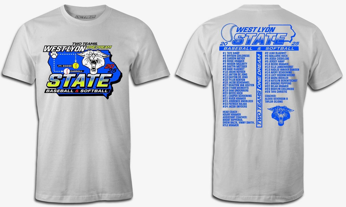 Congratulations to baseball and softball for advancing to the state tournament!! Want to cheer on both West Lyon teams with one shirt? Here is your chance!!! Store closes tomorrow (Thursday 7/17) at 1pm so hurry and get your orders in!!

octaneink.chipply.com/WLstatetwoteam…
