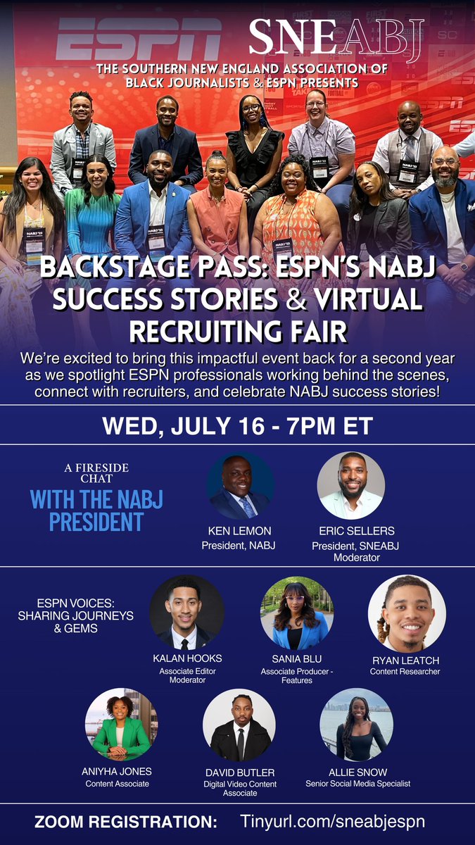 ExclusivelyEBS's tweet image. 🚨 NABJ voting is open! I’m running for Region I Director, and this event is the perfect example of the opportunities I’ll continue to bring if elected!
Join us TONIGHT: ESPN Virtual Recruiting
🔗 tinyurl.com/sneabjespn
🗳️ Vote Eric Sellers!
#SellersServesNABJ #NABJElections