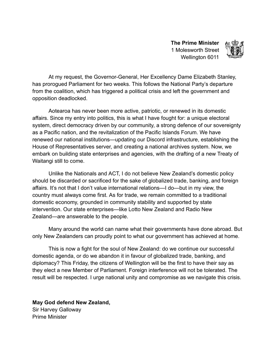 Statement following the departure of <a href="/NationalBNZ/">BNZ National Party</a> from the coalition.