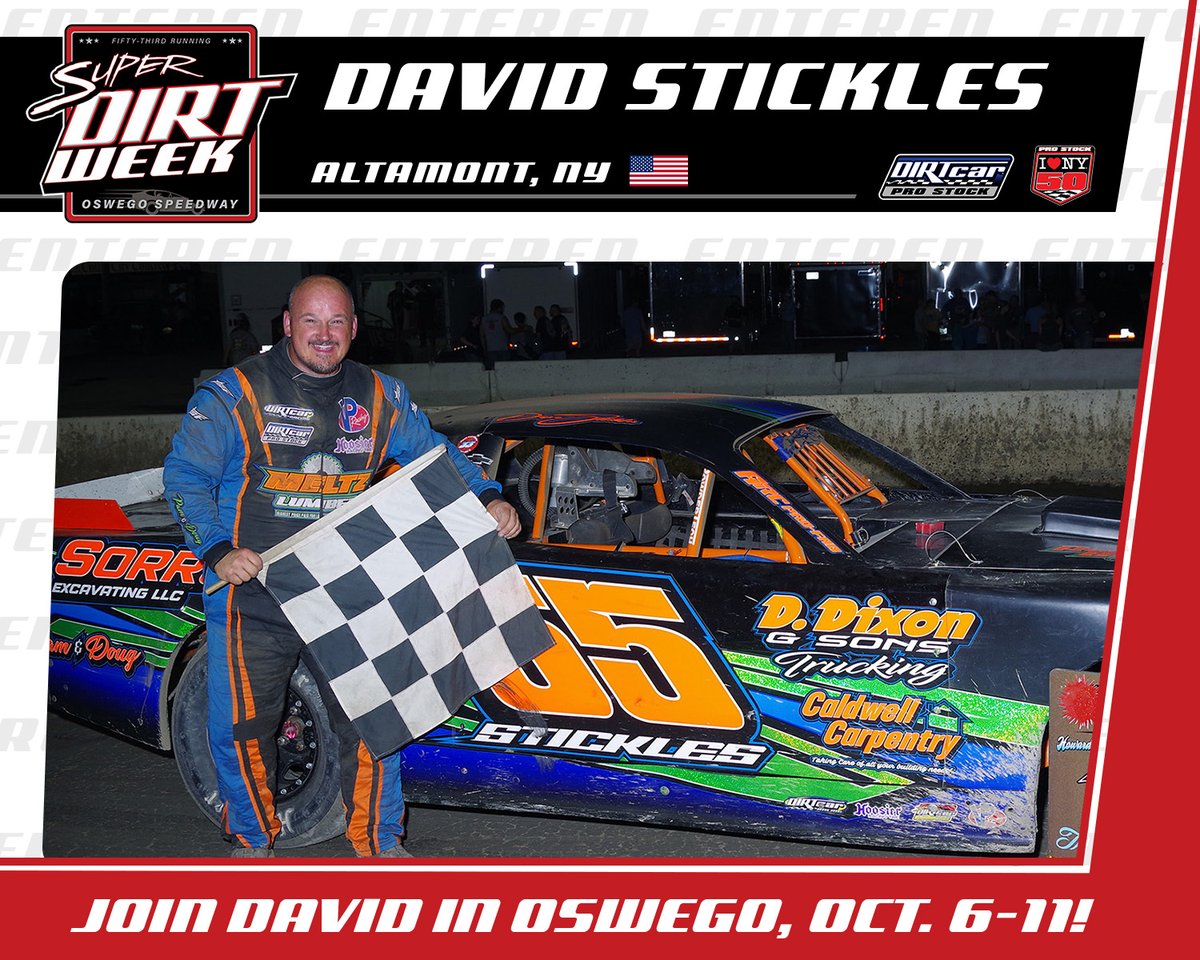 SuperDIRTWeek's tweet image. Who's joining David at Oswego?!
He'll return to Super DIRT Week for the fourth straight year, looking for his first DIRTcar Pro Stock I LOVE NY 50 title.
๐ ๐ฅ๐๐๐๐ฆ๐ง๐๐ฅ: bit.ly/SDWSignUp
๐ป ๐๐ก๐๐ข & ๐ง๐๐ซ: SuperDIRTWeek.com
