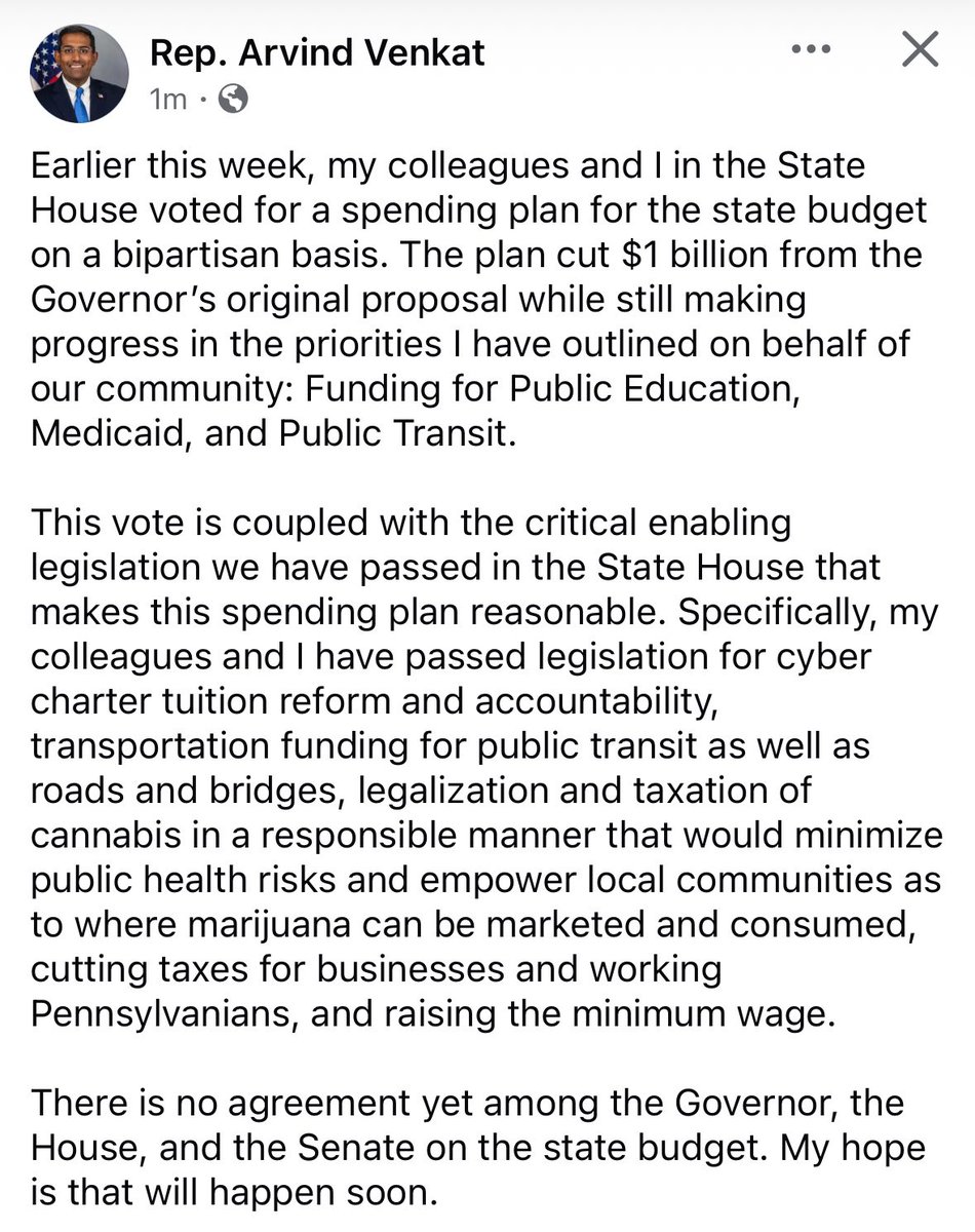 RepVenkat's tweet image. We have passed a spending plan for the state budget. The plan is reasonable when coupled with previously passed enabling legislation on education, healthcare, transportation, cannabis, taxes & the minimum wage. There is no final deal & much work to do. My statement on next steps: