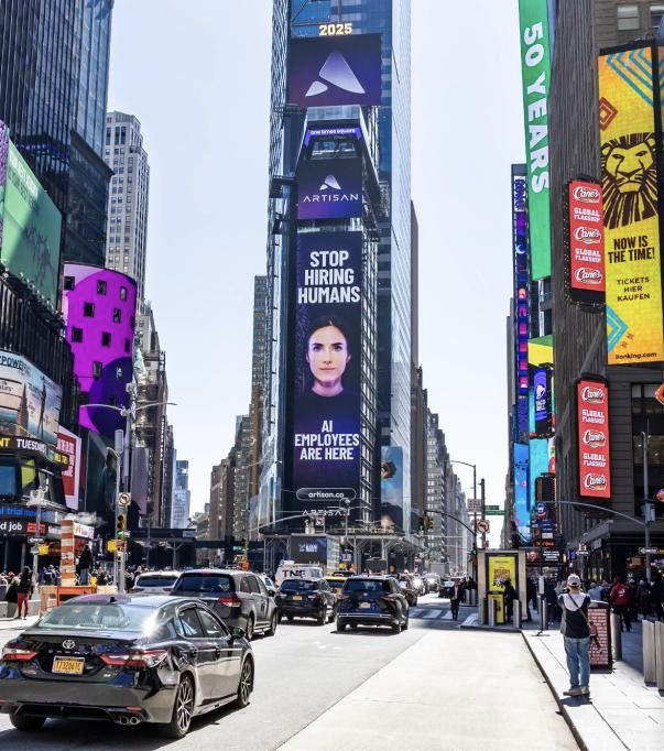 Haphtom's tweet image. Billboard in Times Square; “Stop Hiring Humans, AI employees are here.” 🤔
It seems the future of humanity is facing serious questions with the rise and rapid growth of AI.