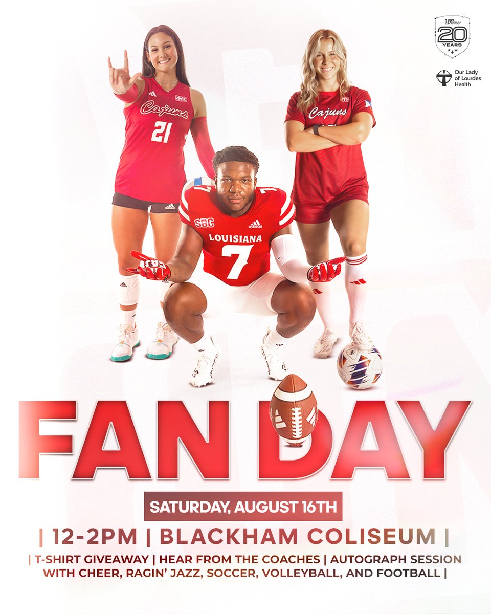 A day to celebrate the 𝘽𝙀𝙎𝙏 𝙁𝘼𝙉𝙎 in the country!

We'll see you back at Blackham Coliseum in 𝗢𝗡𝗘 𝗠𝗢𝗡𝗧𝗛 for Fan Day with Football, Soccer, Volleyball, Cheer, and Ragin' Jazz!

📅 August 16th
⏰ 12-2 PM
📍 Blackham Coliseum

#GeauxCajuns