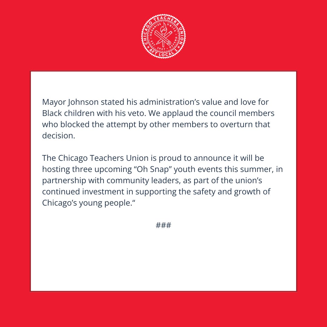 CTULocal1's tweet image. CTU applauds Mayor Brandon Johnson and the alderpersons who stood firm against a harmful, Jim Crow-era approach to public safety.
You don’t protect Black youth by criminalizing them. You protect them by investing in their brilliance, dreams, and futures. You create space for…