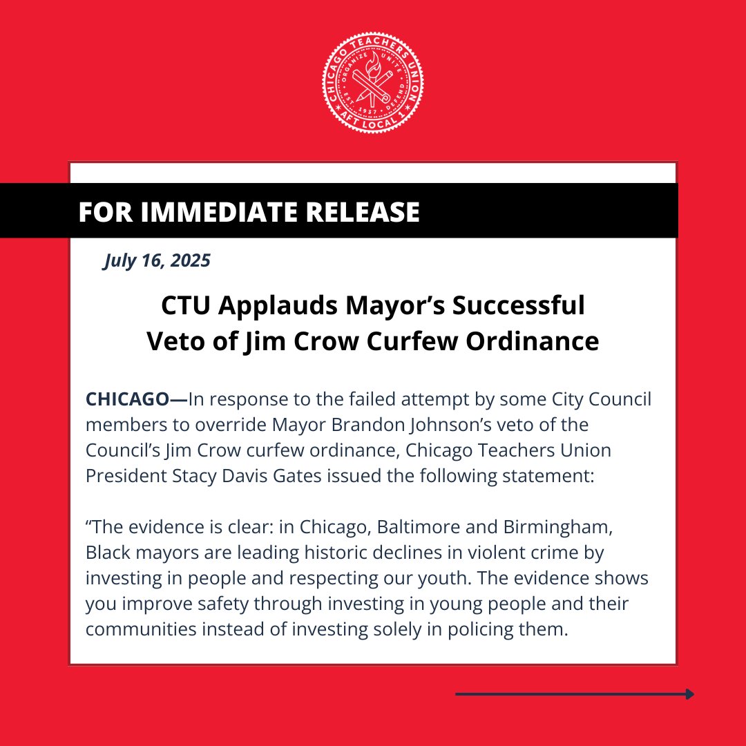 CTULocal1's tweet image. CTU applauds Mayor Brandon Johnson and the alderpersons who stood firm against a harmful, Jim Crow-era approach to public safety.
You don’t protect Black youth by criminalizing them. You protect them by investing in their brilliance, dreams, and futures. You create space for…