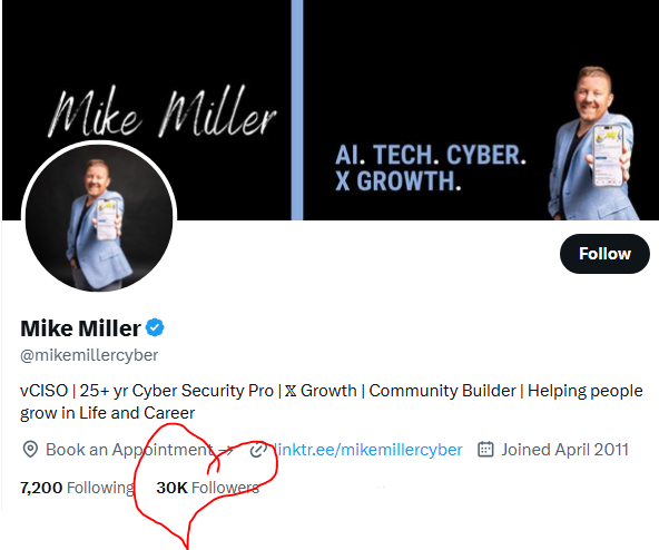 mikemillercyber's tweet image. Look ma, we made it. Finally part of the 30k club. Seriously, thank you to everyone who has connected to me here. I love this platform.
How should I celebrate?