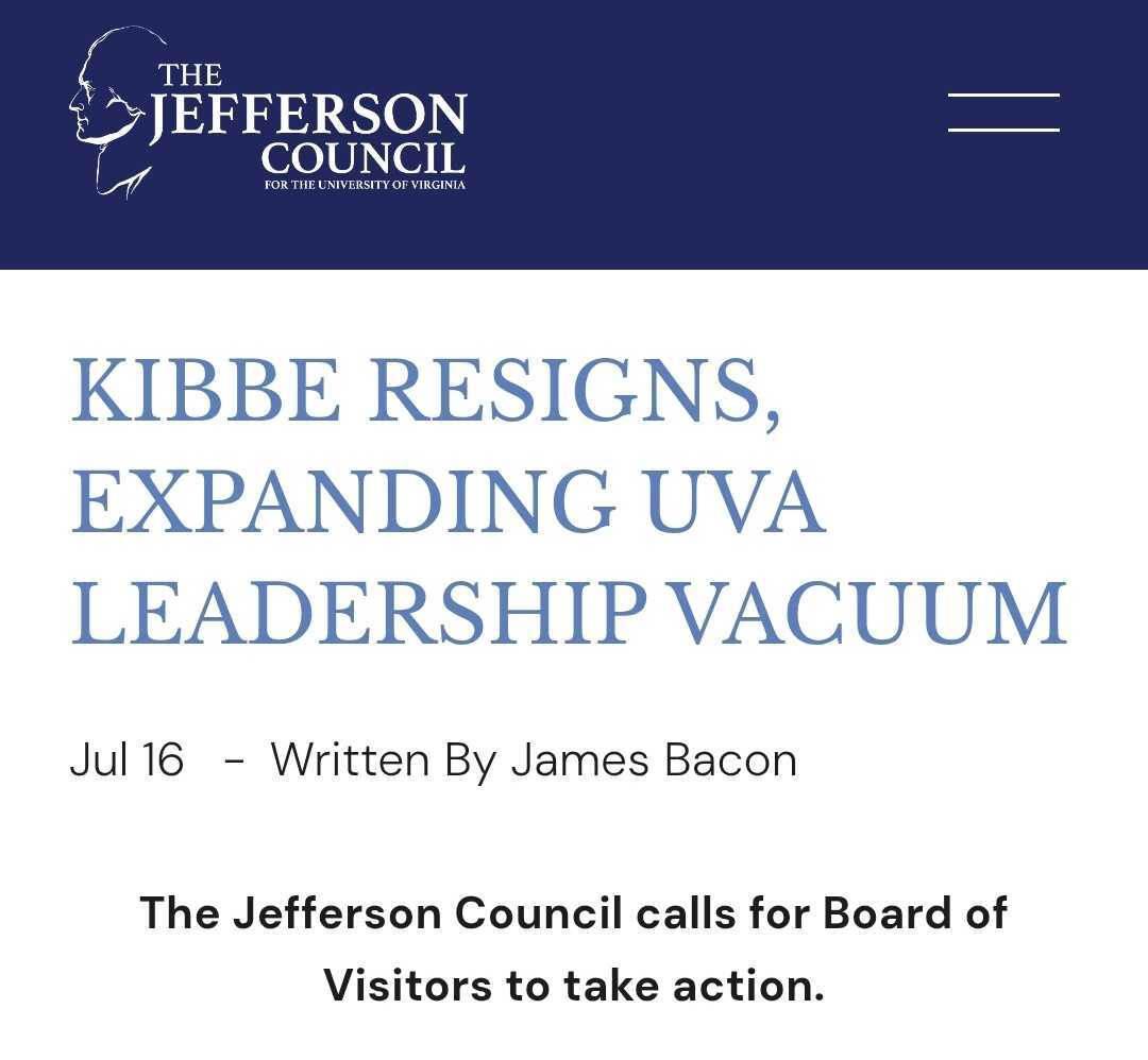 TheJeffersonC's tweet image. “Several board members had planned Monday to call a special board meeting... but Governor Glenn Youngkin was informed of the initiative and scuttled it over the weekend.”
UVA is in crisis. The presidency, provostship, and top health leadership are all vacant. So where is the…