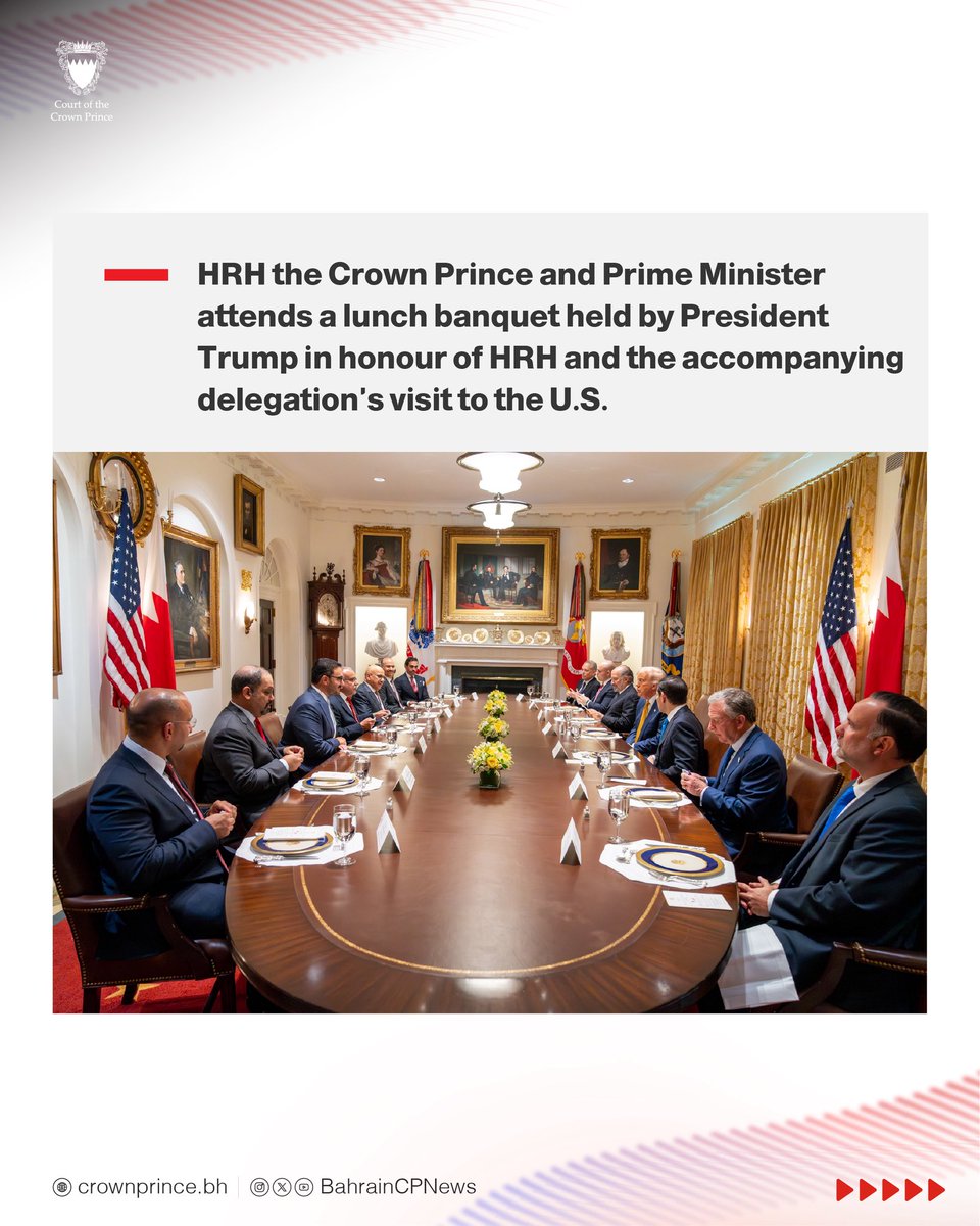 أخبار سمو ولي العهد (@bahraincpnews) on Twitter photo His Royal Highness the Crown Prince and Prime Minister, #Salman_bin_Hamad Al Khalifa, attended a lunch banquet hosted by Donald J. Trump <a href="/POTUS/">President Donald J. Trump</a>, President of the United States of #America, in honour of HRH the Crown Prince and Prime Minister and the accompanying delegation’s His Royal Highness the Crown Prince and Prime Minister, #Salman_bin_Hamad Al Khalifa, attended a lunch banquet hosted by Donald J. Trump <a href="/POTUS/">President Donald J. Trump</a>, President of the United States of #America, in honour of HRH the Crown Prince and Prime Minister and the accompanying delegation’s