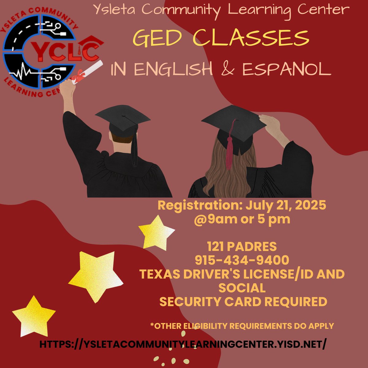 📚 GED Registration Day – July 21st!
Are you ready to earn your GED? Join us for registration on Monday, July 21st at 9 AM or 5 PM!

🌟 Classes available in English and Spanish
📍 Location: 121 Padres
📞 Call us at 915-434-9400 for more info

Don’t miss this opportunity!