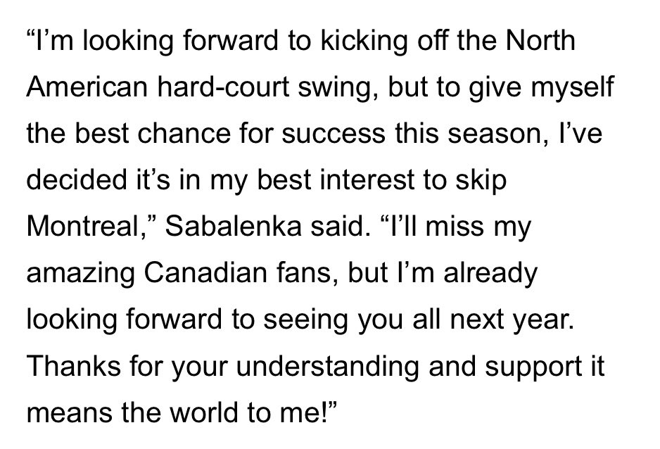 MichalSamulski's tweet image. Aryna Sabalenka withdraws from Montreal due to fatigue.