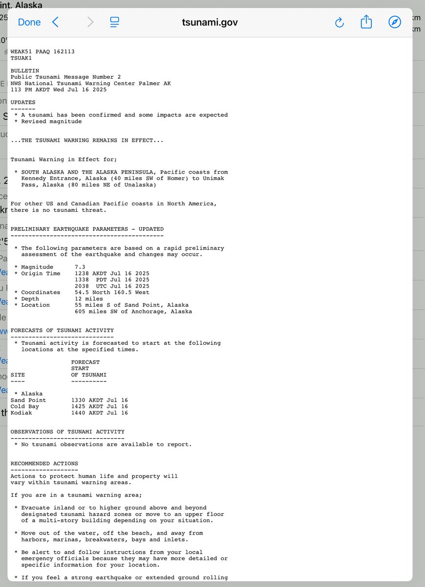 A magnitude 7.3 earthquake in the Aleutian islands, Southwest Alaska. occurred this afternoon. A tsunami warning has been issued for SW Alaska and the tsunami is confirmed according to the lastest USGS bulletin. NO impacts to shorelines reported yet. #earthquake #alaska #tsunami