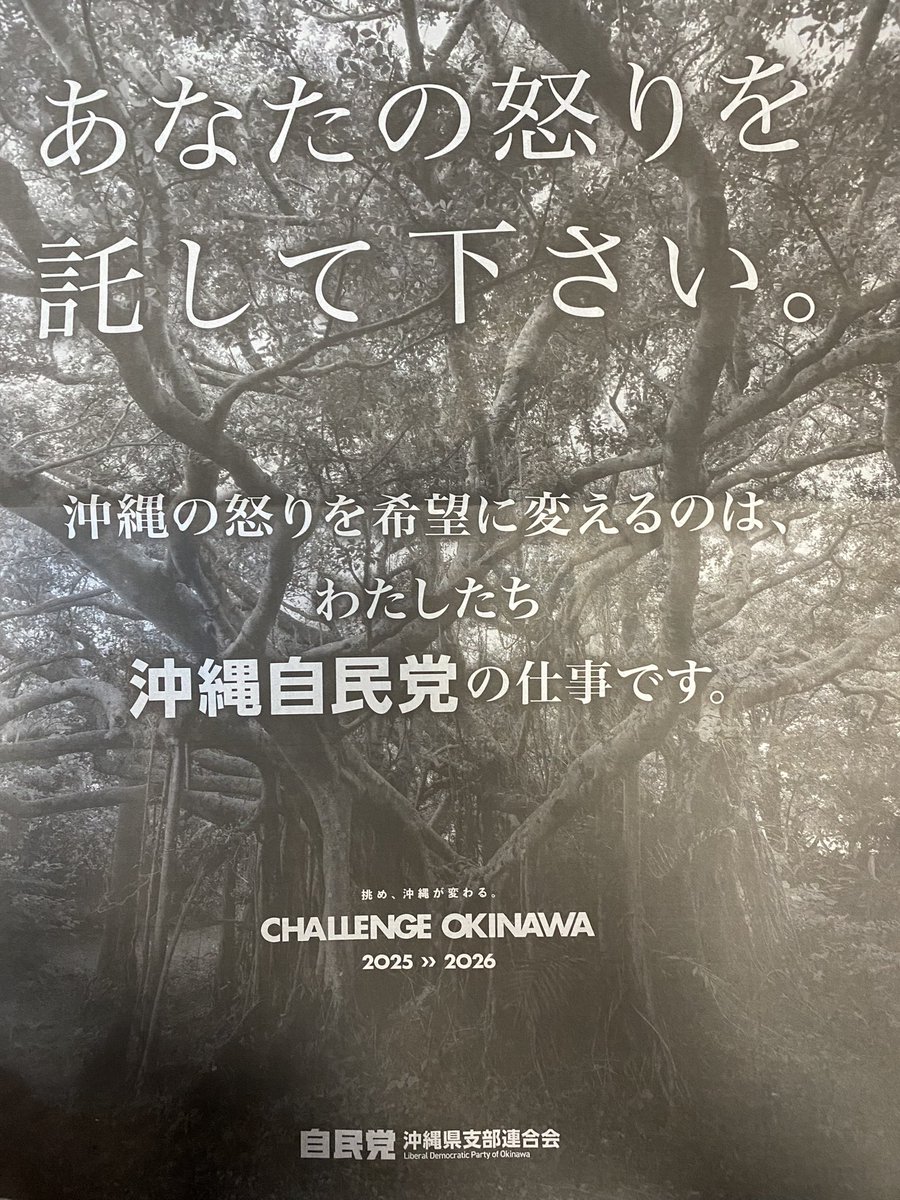 一瞬👀
ん⁉️

「あなたの怒りを託してください」
「沖縄の怒りを希望に変えるのはわたしたち沖縄の自民党の仕事です」

今まで散々クンザン自民党党本部と一緒に沖縄を踏みつけてきたくせに。
沖縄島中怒りだらけだよ自民党のせいでよく言うよね〜💢

イデオロギーよりアィディンティティ。