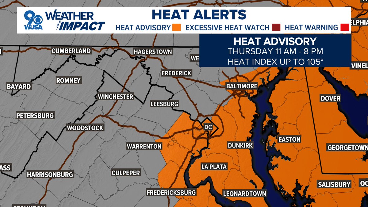 KaitlynMcGrath's tweet image. If today feels toasty, just wait until tomorrow.
A Heat Advisory has been issued along the I-95 corridor for heat index values up to 105 degrees 🥵
@wusa9