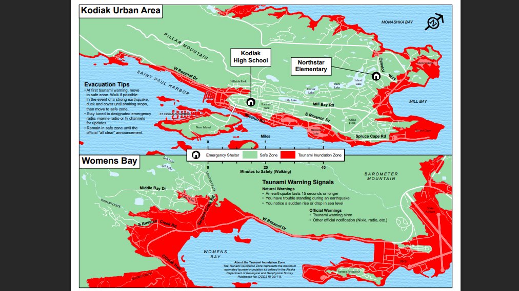 CC_StormWatch's tweet image. For Kodiak, AK (population 5,500), these are the #tsunami evacuation areas in red and the recommended meeting places. We don't know if a tsunami will hit, but don't take the chance! #earthquake #AKwx