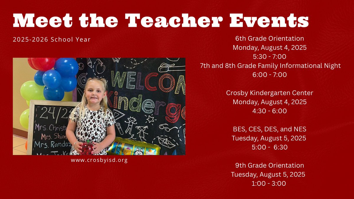 CrosbyISD's tweet image. Meet the teacher event dates and times posted below.
⭐️Quick reminder: Don’t forget to complete the registration or verification process before the July 24th deadline.