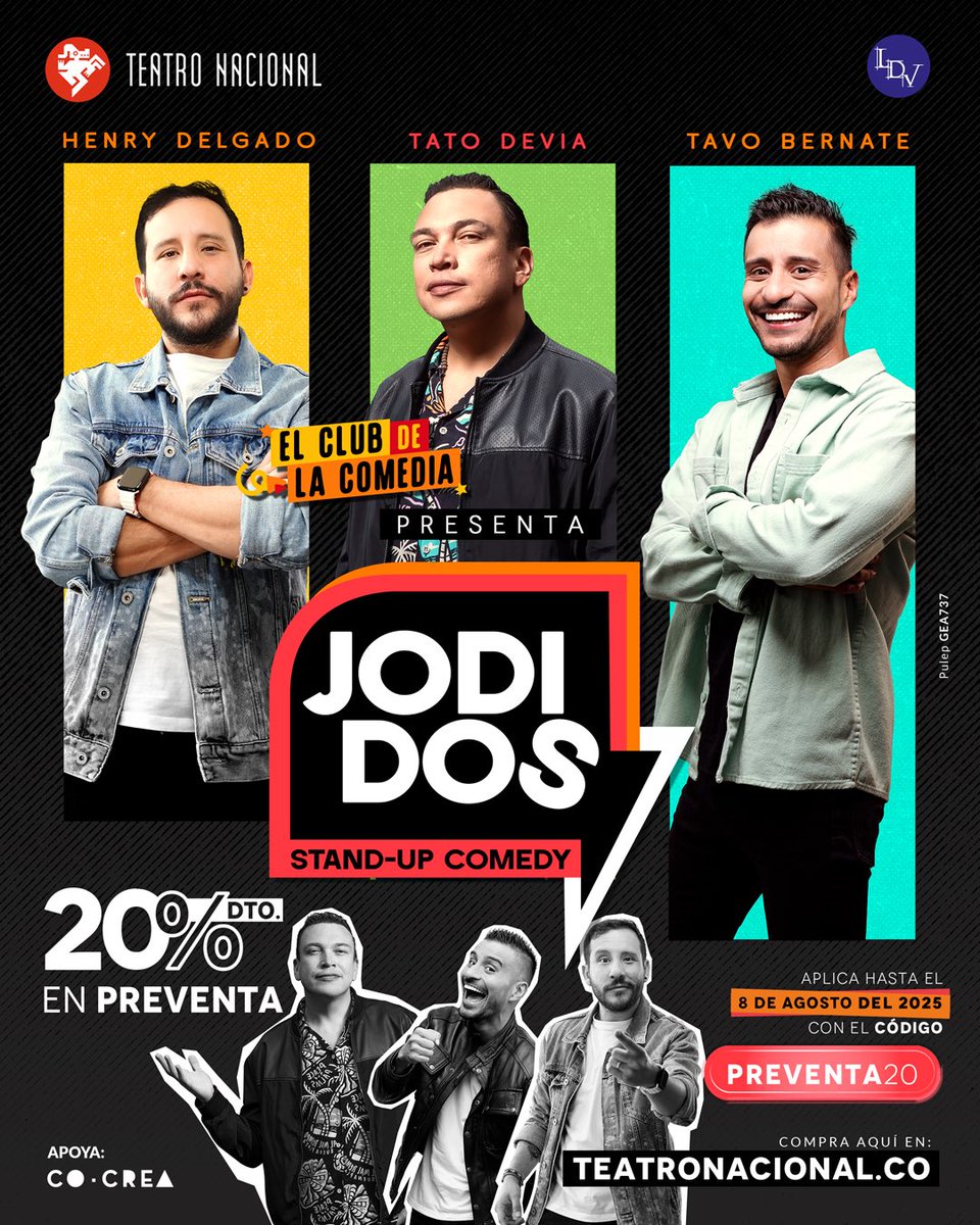 Al Club de la comedia llegan Tato, Tavo y Henry con un stand-up comedy que como colombiano te sentirás identificado y podrás decir ¡Estamos #JODIDOS! 
Todos los martes y miércoles en el Teatro Nacional Leonardvs. 
Compra tus entradas en TEATRONACIONAL.CO