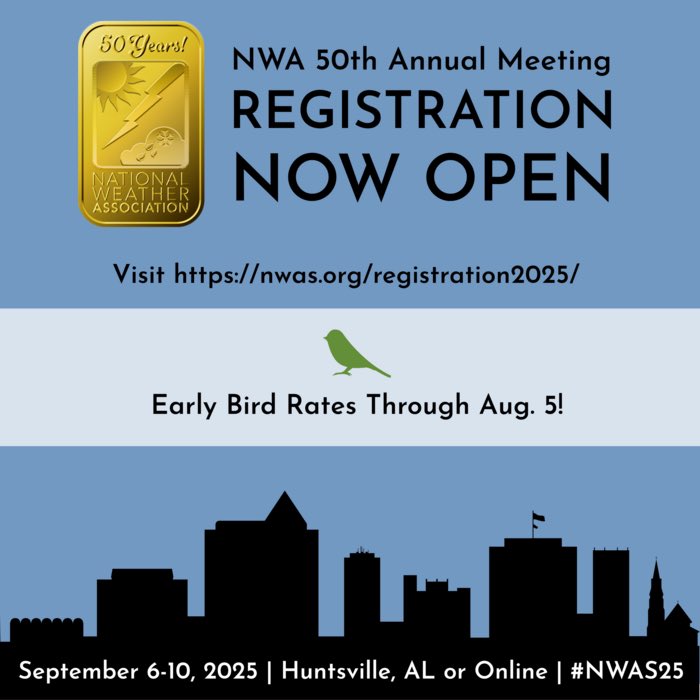 nwas's tweet image. Registration is now OPEN for #NWAS25 in Huntsville, Alabama for our 50th Anniversary Celebration!
In-person and virtual attendance options (single-day and all sessions) are available!
Head to our registration site to lock in your early bird rate!
nwas.org/registration20…