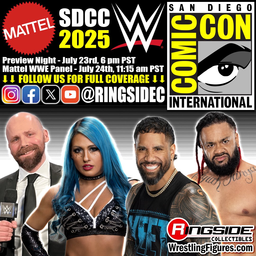 RingsideC's tweet image. ‼️ SDCC 2025 IS ONE WEEK AWAY! ‼️
The San Diego Comic Con 2025 @Mattel @WWE Panel has officially been announced:
The Mattel WWE Elite Squad defends their title again as the action figure champions of Comic-Con International with all-new WWE action figure reveals and WWE…