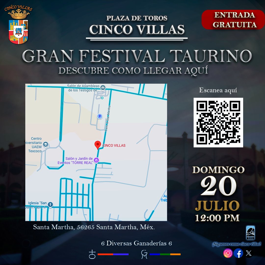 📍 Te esperamos en CINCO VILLAS

Este domingo 20 a las 12:00 p.m. te esperamos en la Plaza de Toros Cinco Villas para vivir un Gran Festival Taurino con 𝐄𝗡𝗧𝗥𝗔𝗗𝗔 𝗚𝗥𝗔𝗧𝗨𝗜𝗧𝗔.

📌 Ubicación: Santa Martha, 56265 Santa Martha, Méx.

#CincoVillas #FestivalTaurino