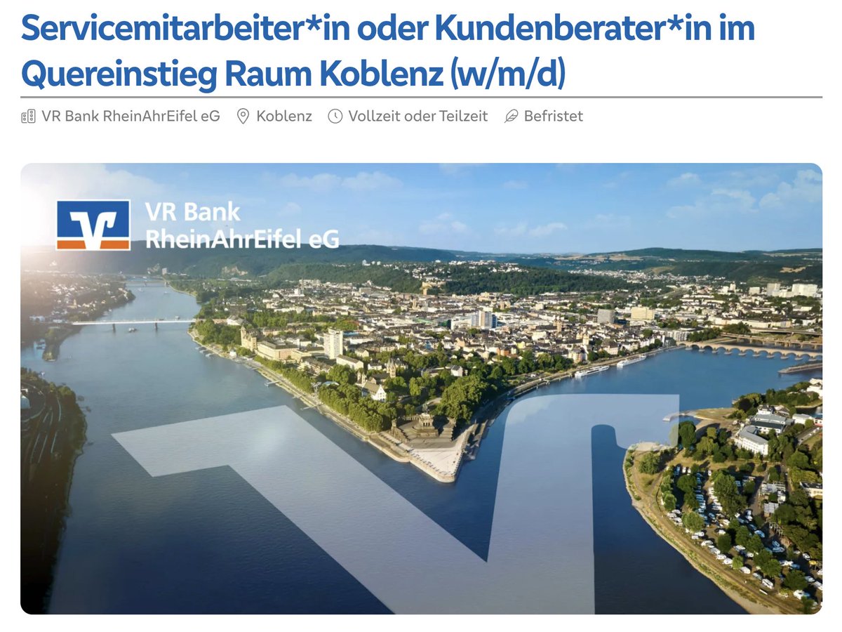 ContentSourceGL's tweet photo. 🏦 Quereinsteiger gesucht! VR Bank Koblenz sucht Kundenberater*innen

✨ Flexible Arbeitszeiten + 34 Urlaubstage + Qualifizierungsprogramm

💼 Kaufmännische Ausbildung + Kundenberatungserfahrung? Jetzt bewerben!

#JobsKoblenz #VRBank

https://t.co/9e5qGl3qBJ https://t.co/hdEybu2l6p