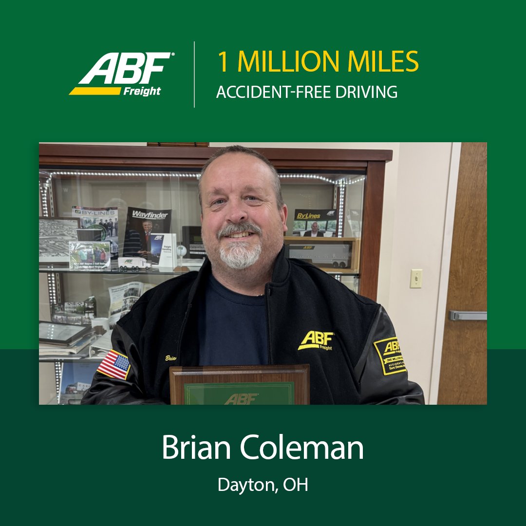 Congratulations to ABF Freight driver Brian Coleman of Dayton, OH, on reaching 1 million miles of accident-free driving! Your dedication to safety and excellence is an achievement to be proud of.