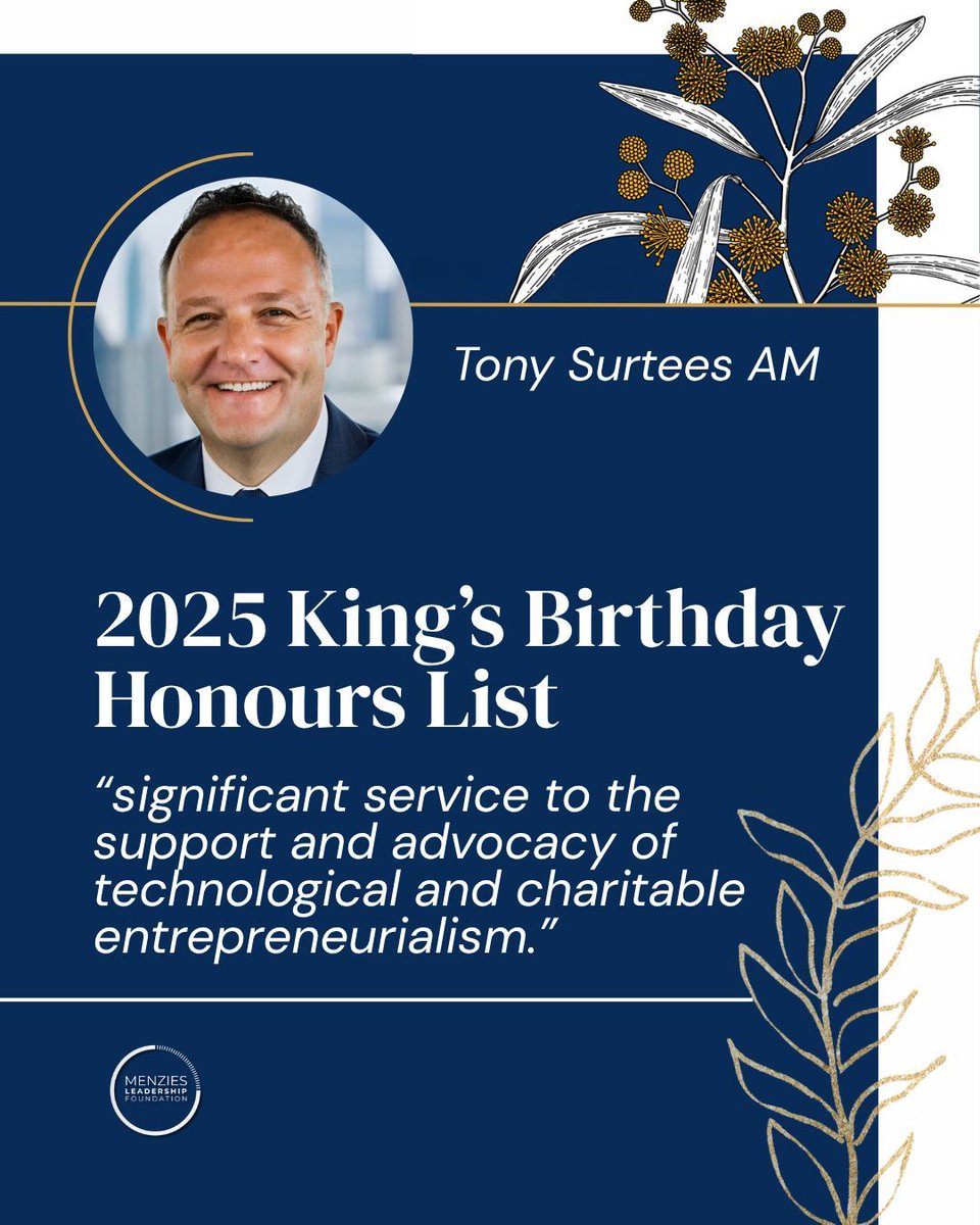 🎉 Congratulations Tony Surtees AM!

Recognised in the 2025 King’s Birthday Honours for service to tech + social entrepreneurship, Tony embodies values-led leadership.

Proud to have him on the Menzies Board. A well-deserved honour!

#LeadershipForTheGreaterGood #TonySurteesAM
