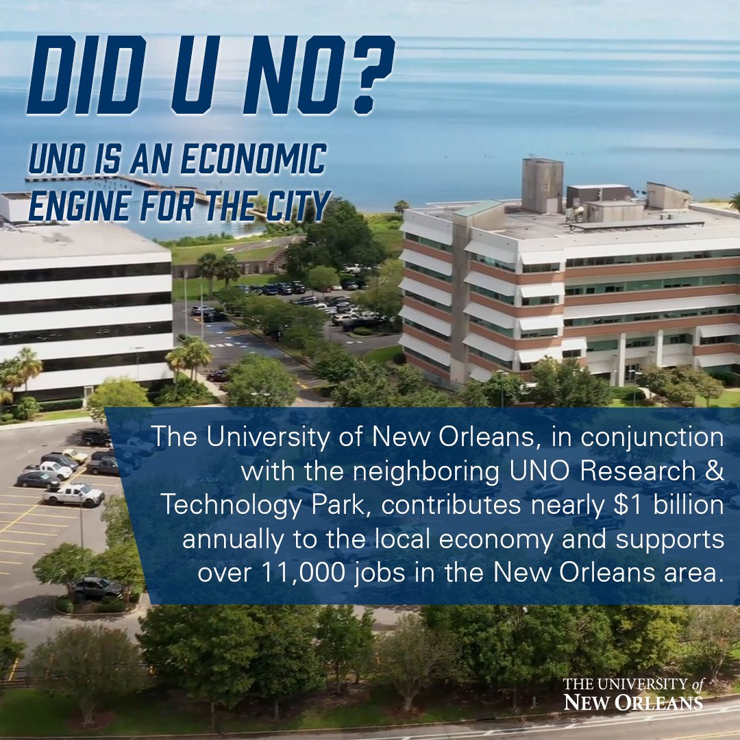 UofNO's tweet image. Did U NO?
The University of New Orleans, in conjunction with the neighboring UNO Research & Technology Park, contributes nearly $1 billion annually to the local economy and supports over 11,000 jobs in the New Orleans metropolitan area.