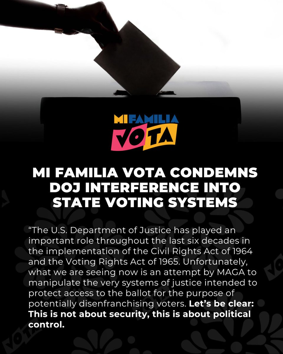 MiFamiliaVota's tweet image. President & CEO @hesanche today sounded the alarm over reports that Donald Trump’s DOJ is pressing state for access to data & equipment in a way that the @washingtonpost reported “is sparking concern…about federal interference ahead of the 2026 midterms.” washingtonpost.com/politics/2025/…