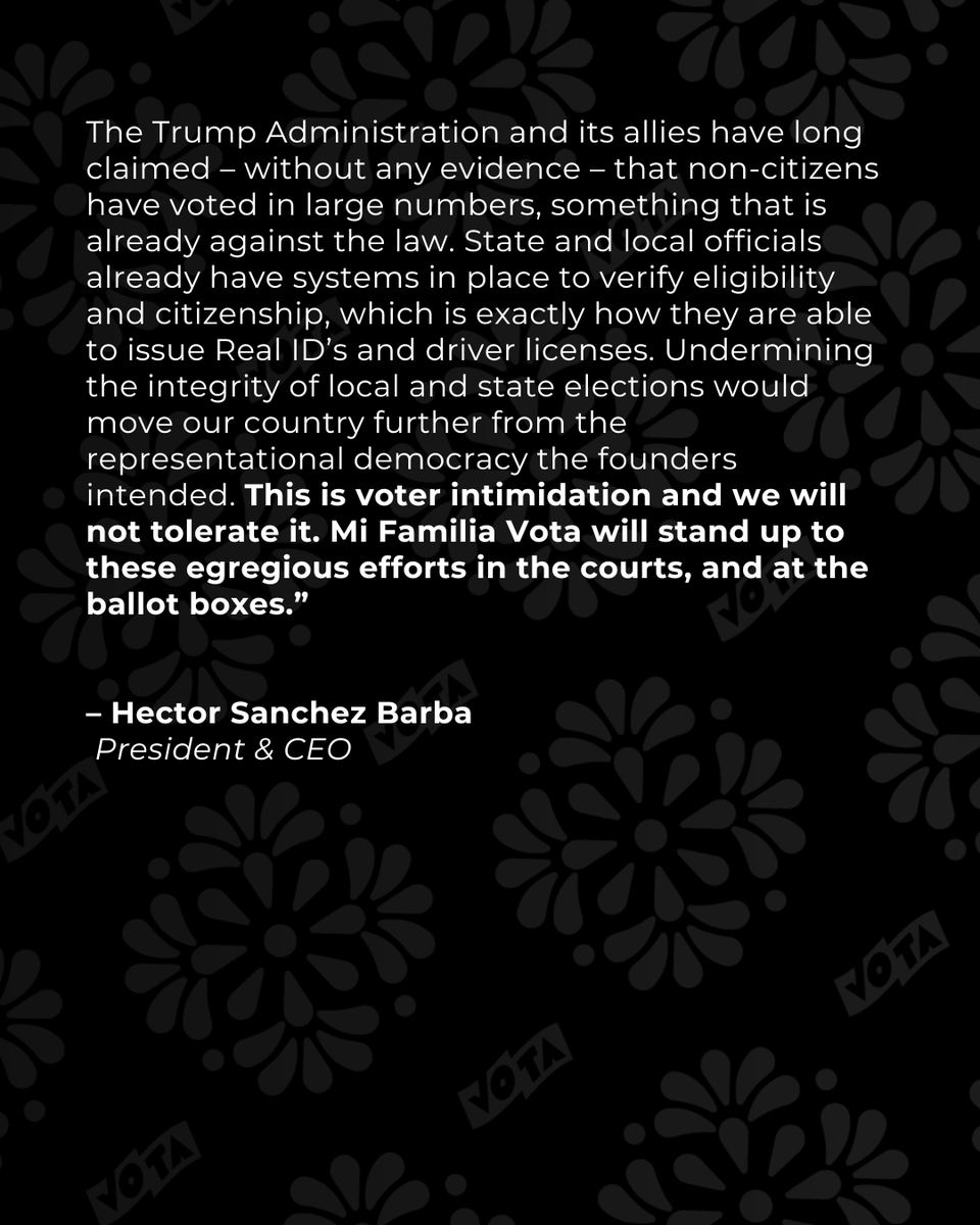 MiFamiliaVota's tweet image. President & CEO @hesanche today sounded the alarm over reports that Donald Trump’s DOJ is pressing state for access to data & equipment in a way that the @washingtonpost reported “is sparking concern…about federal interference ahead of the 2026 midterms.” washingtonpost.com/politics/2025/…