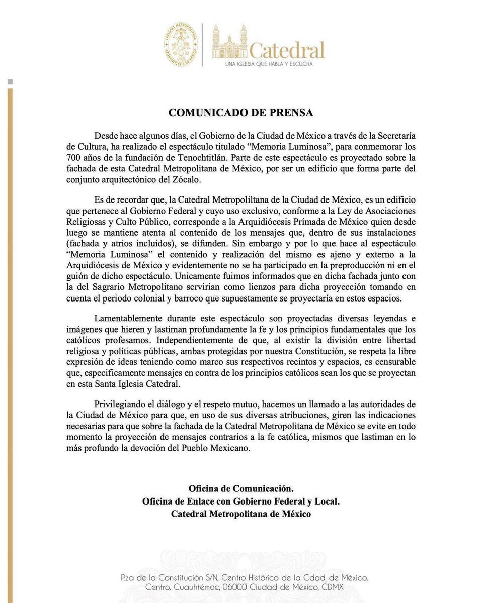 🚨 UN ACTO DE PROVOCACIÓN. 

El gobierno de la CDMX, encabezado por Clara Brugada, proyectó imágenes a favor del aborto y 🏳️‍🌈🏳️‍⚧️, sobre la Catedral Metropolitana de la Ciudad de México. 

Ante este hecho, la oficina de comunicación de la Catedral, emitió un comunicado en el que