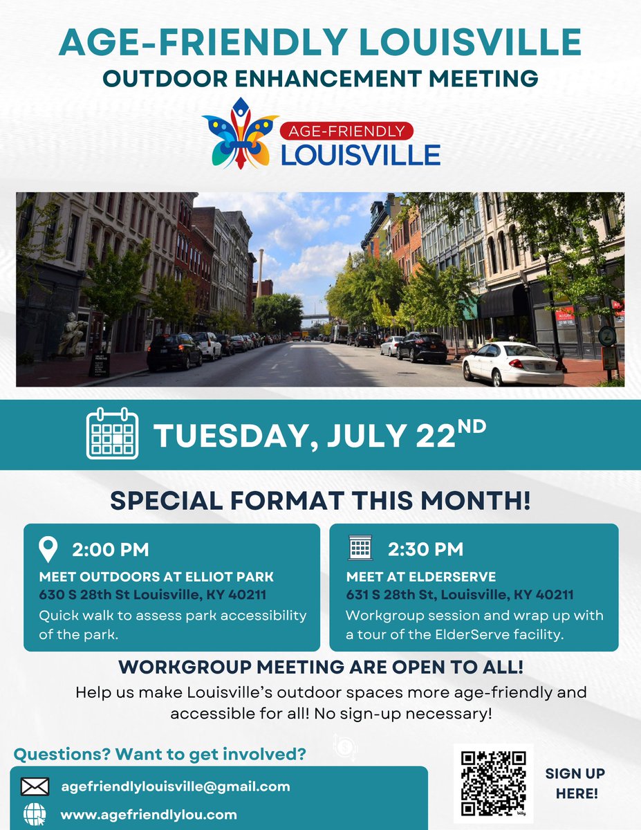 🌳✨Exciting change for July!
Next Tuesday (July 22), we’re taking our Outdoor Enhancement workgroup outside for a special park assessment at 2 PM, then meeting at ElderServe for the workgroup session at 2:30 PM ☀️
Help make Louisville more age-friendly, accessible &amp; welcoming!💚