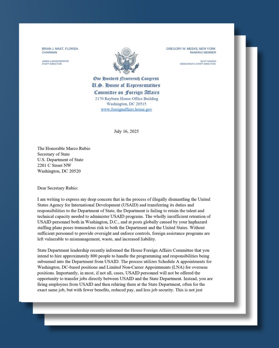 HouseForeign's tweet image. Ranking Member @RepGregoryMeeks today sent a letter to @SecRubio demanding answers on the admin’s illegal dismantling of USAID and its transfer of USAID’s staffing and responsibilities to the State Department.
Read the letter: democrats-foreignaffairs.house.gov/2025/7/meeks-d…