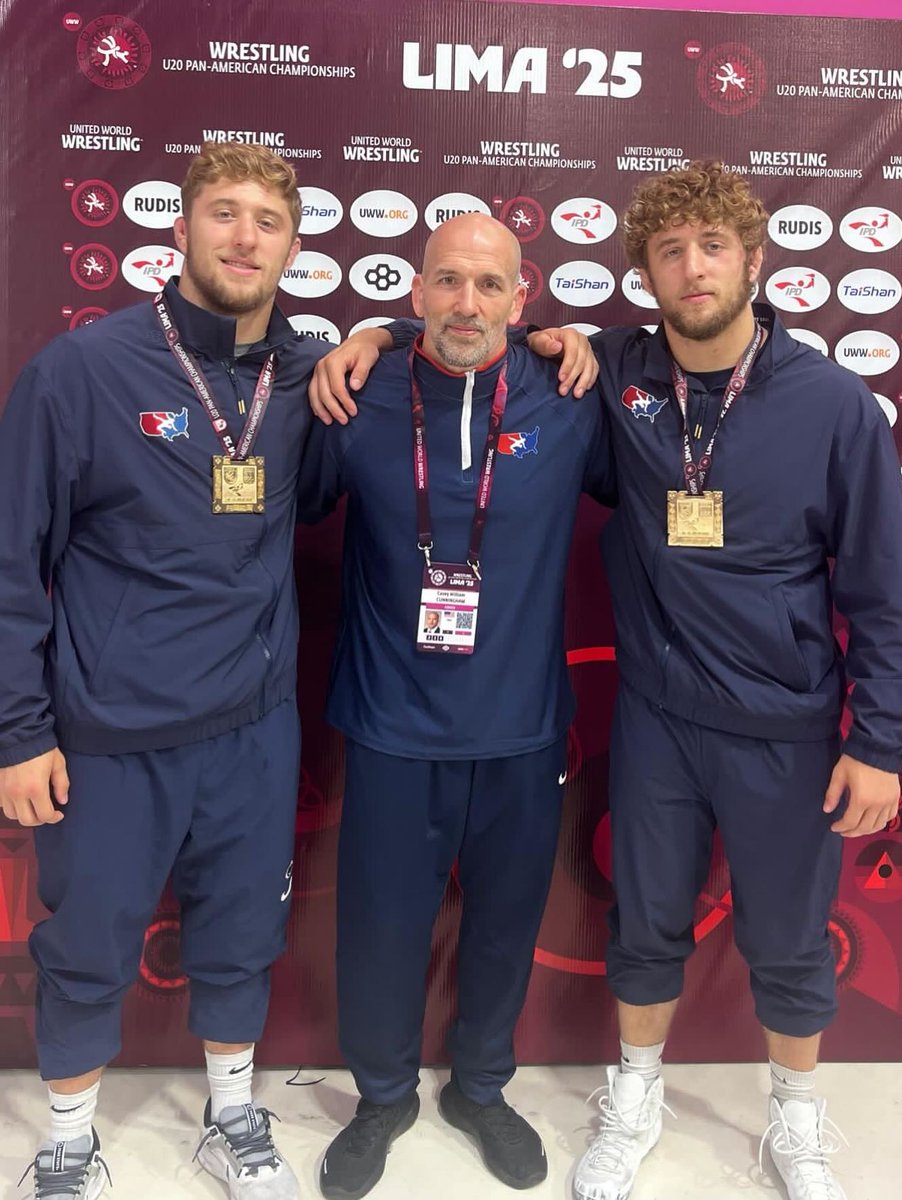 Penn State Connor &amp; Cole Mirasola with Coach Casey Cunningham
Pic from after they Won Gold at U20 Pan-AM Championships
Look for them at the U20 World Championships, next Month 8/18 
Both were on Baschamania, Today Linktr.ee/Baschamania
<a href="/pennstateWREST/">Penn State WRESTLING</a> <a href="/NittanyLionWC/">NLWC</a>