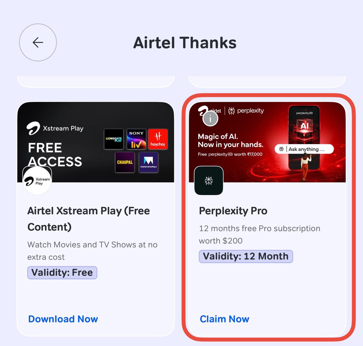 Get Perplexity Pro FREE for 12 months if you’re an Airtel user! 

Check the Airtel Thanks app under Rewards or OTT.

Available for prepaid, postpaid, and Wi-Fi users.