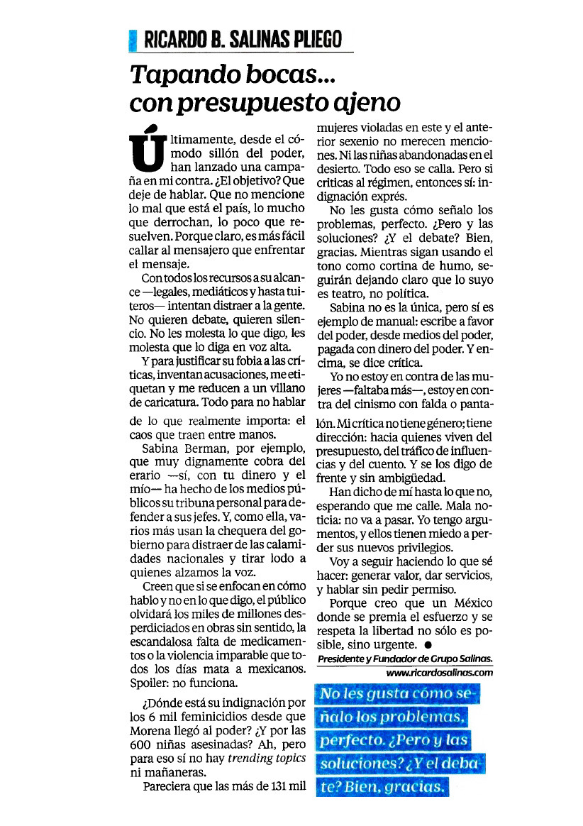 gruposalinas's tweet image. En su nueva colaboración en @El_Universal_Mx, nuestro Presidente Fundador @RicardoBSalinas invita a no distraernos con ataques y a enfocar la conversación en lo que realmente importa: los problemas de fondo que enfrenta el país 🖊💭.
Hablar con libertad y defender nuestras ideas…