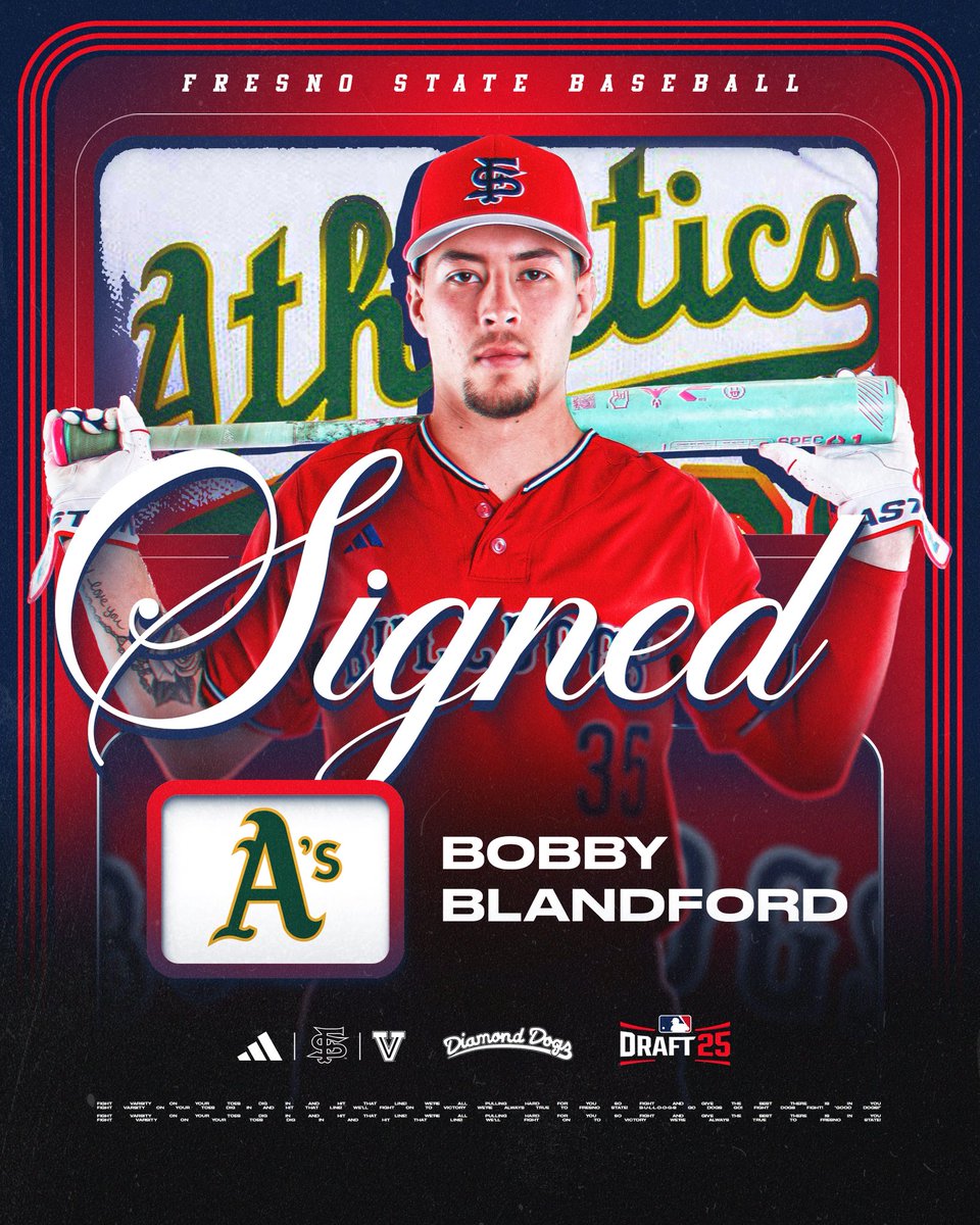 FresnoStateBSB's tweet image. 𝐒𝐈𝐆𝐍𝐄𝐃 ✍️
Bobby Blandford has signed with the @Athletics ‼️
#DiamondDogs