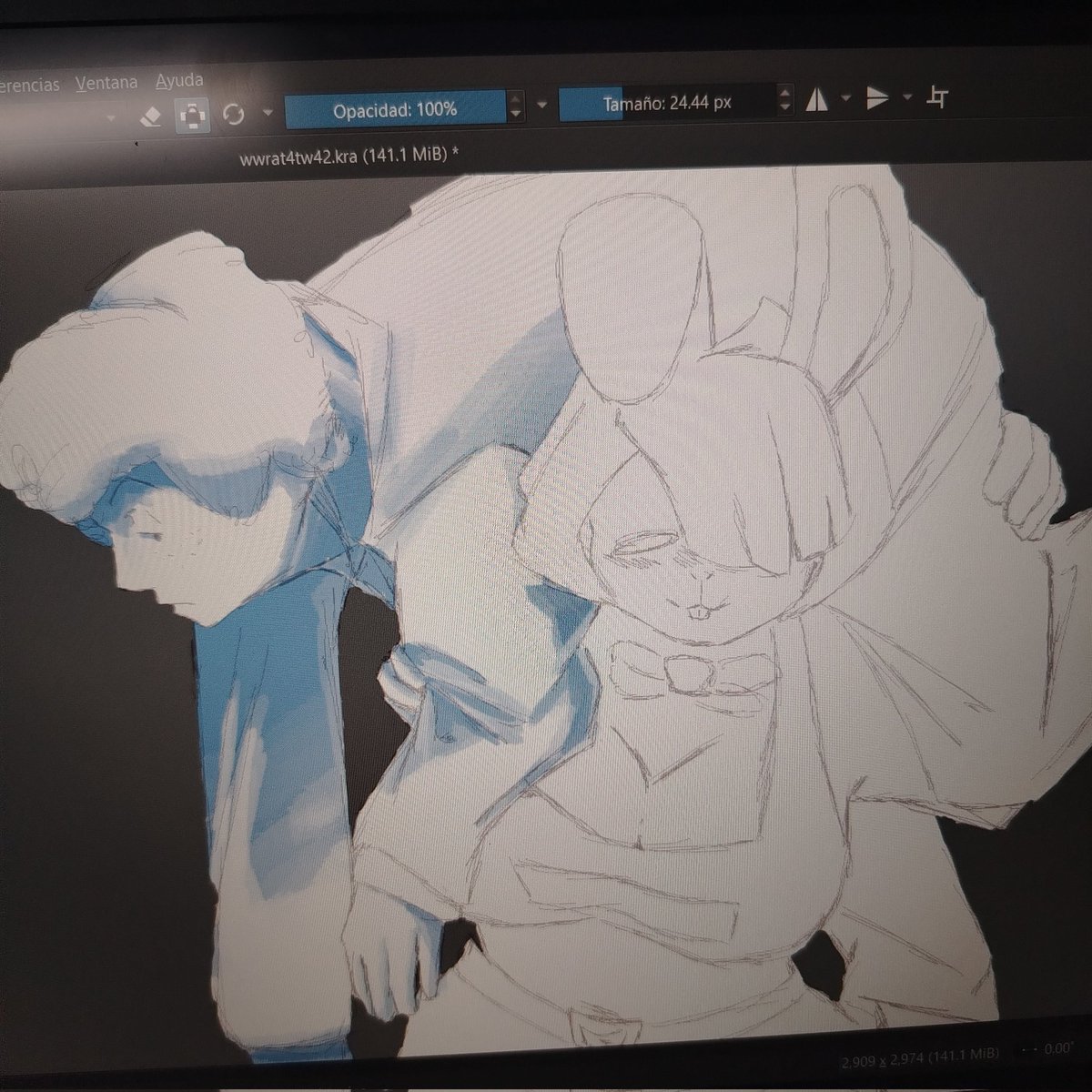 Chocoraptor304's tweet image. Supongo que la razón por la que me estanque en usar krita es por que siempre usbaa el proseso de "boceto-lineart-sombreado de 1 tono-coloreado"
Ahora intentaré algo más similar a un renderisado y usando las líneas del boceto para luego integrarlas en un todo con las sombras