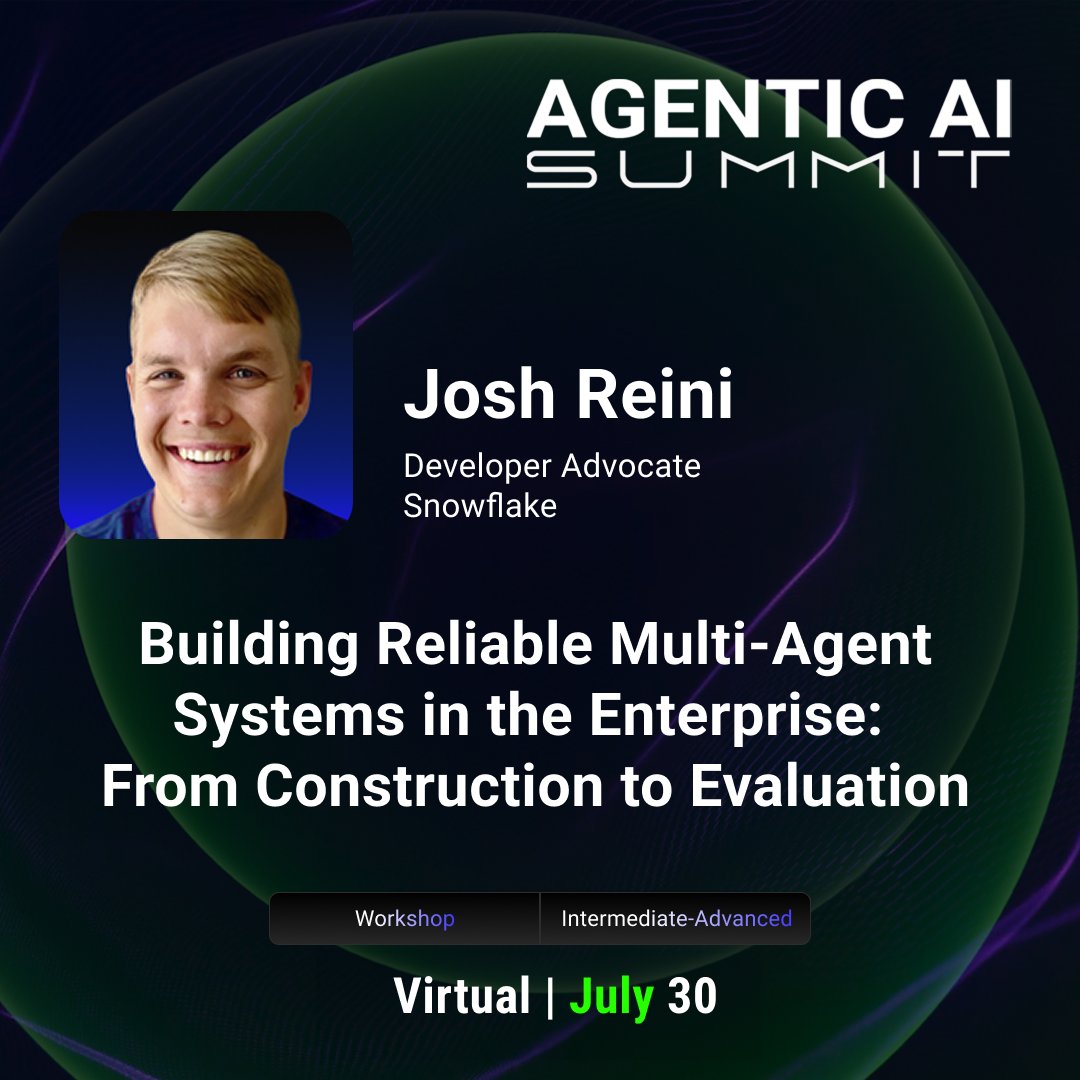 Join <a href="/_jreini/">Josh Reini</a> (Developer Advocate, <a href="/Snowflake/">Snowflake</a>) for a deep dive into building, deploying, and evaluating multi-agent systems.

This hands-on workshop equips you with a repeatable framework to deploy trustworthy, production-ready data agents that scale.

🔗 hubs.li/Q03xv1K80