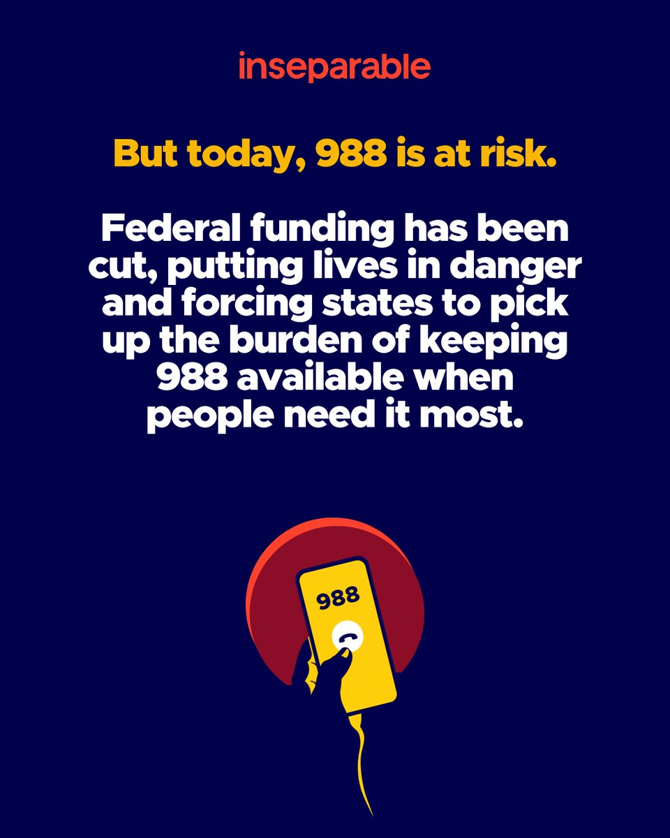 IAmInseparable's tweet image. Every day, someone in crisis dials 988—and finds hope.

In just three years, this lifeline has connected millions of people with the help they needed, when they needed it most.

We’re grateful for the lives it’s touched—and we must fight to keep this help available for everyone,…
