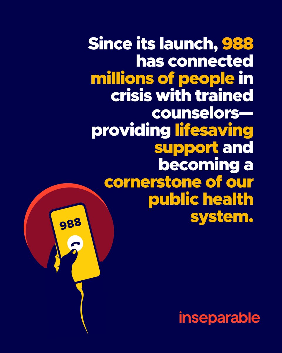 IAmInseparable's tweet image. Every day, someone in crisis dials 988—and finds hope.

In just three years, this lifeline has connected millions of people with the help they needed, when they needed it most.

We’re grateful for the lives it’s touched—and we must fight to keep this help available for everyone,…